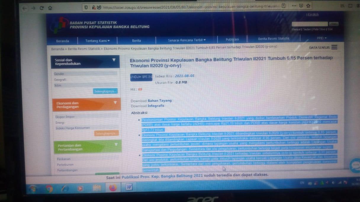 Ekonomi Babel Triwulan II-2021, Dibandingkan Triwulan II-2020 Tumbuh Sebesar 6,85 Persen,