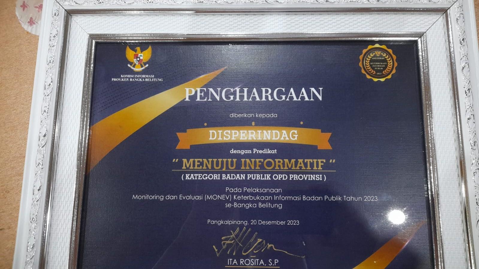 Disperindag Provinsi Babel Mendapatkan Penghargaan Dari KI Babel.